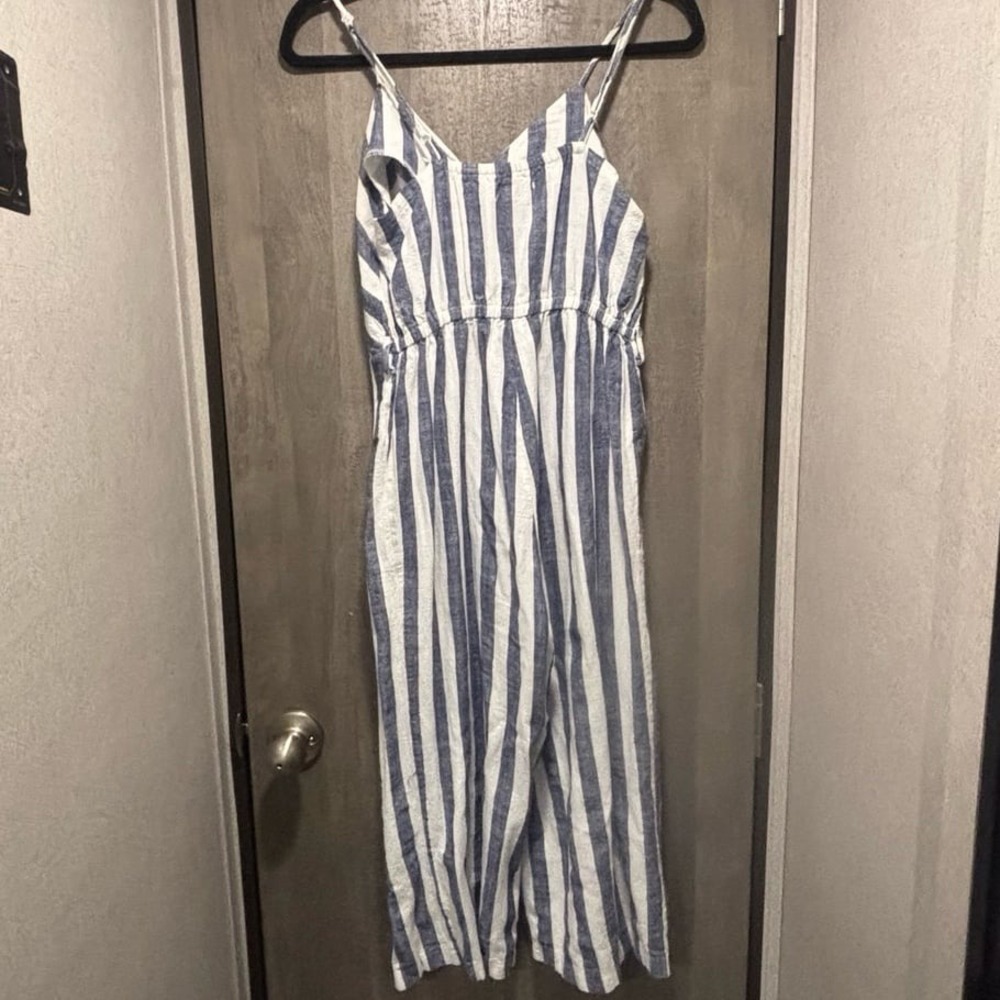 Kensie Jeans Striped‎ Linen Blend Wide Leg Jumpsuit Blue White Small